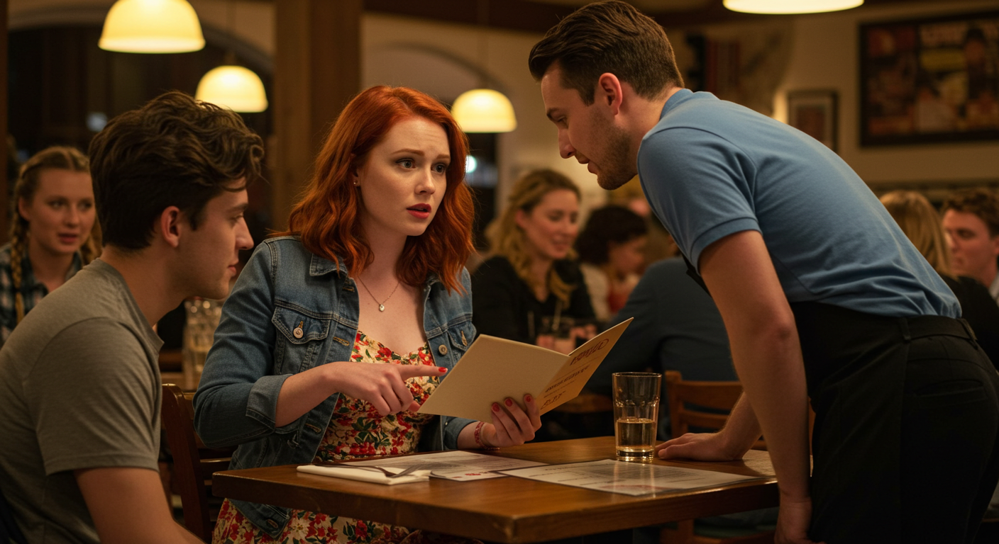 Mulher perguntando ao garçom sobre os ingredientes do prato, representando a importância da comunicação em restaurantes para quem busca saber como comer fora com alergia.