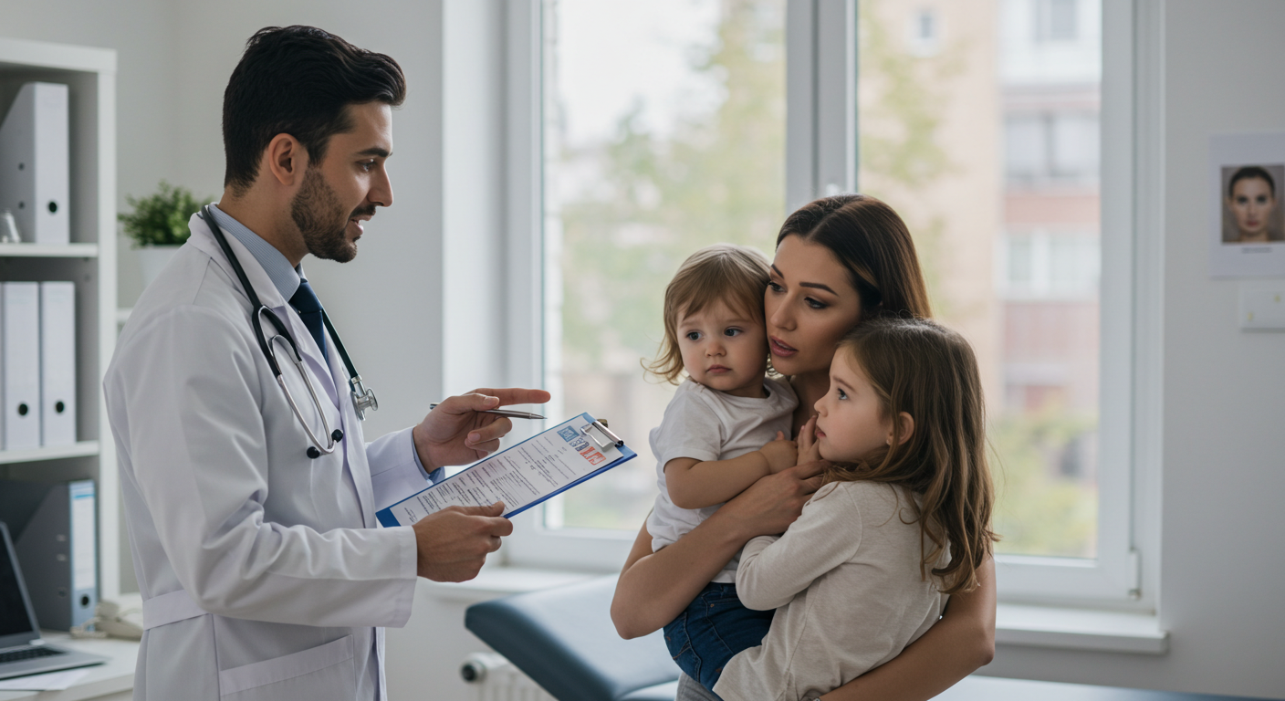 Médico explicando teste de alergia alimentar a paciente com criança no colo e contando como é feito o tratamento de alergia alimentar.