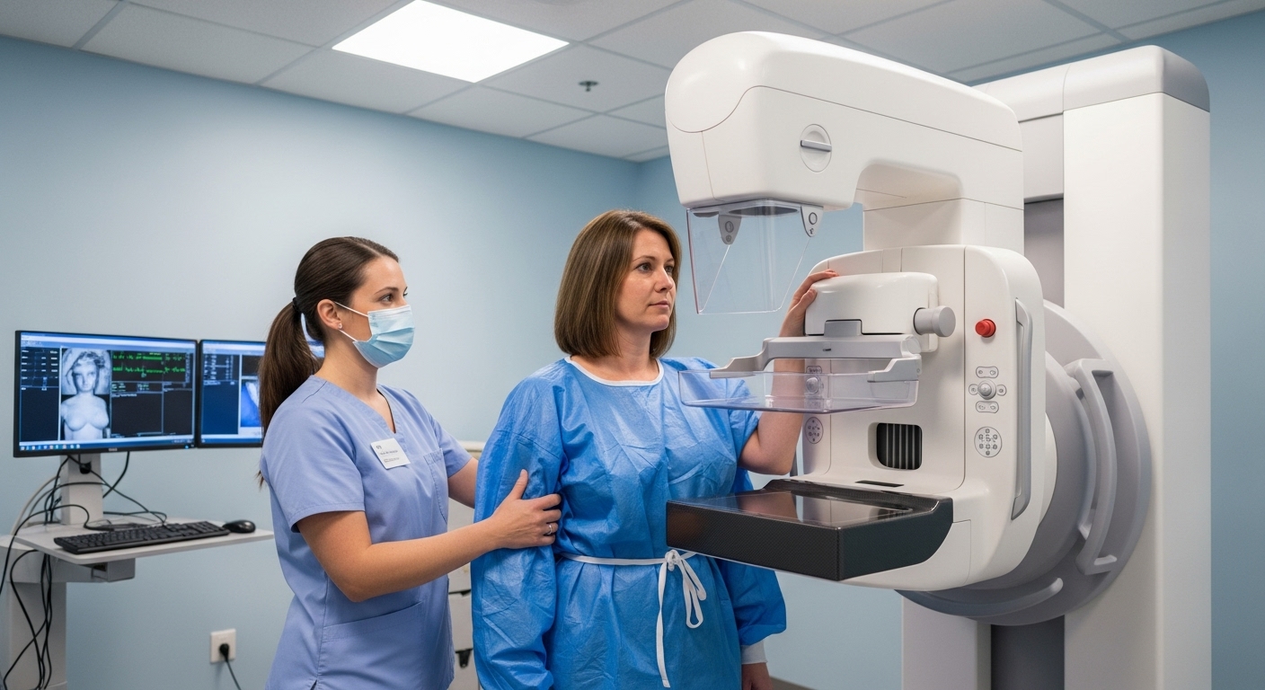 Profissional de saúde de jaleco branco ajustando aparelho de raio-X enquanto paciente é posicionada para exame de mamografia no SUS