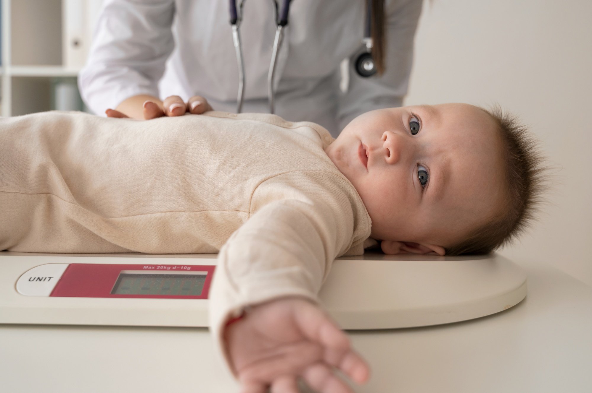 Bebê em consulta pediátrica, momento ideal para avaliar exames como o teste da orelhinha que avalia a saúde auditiva.