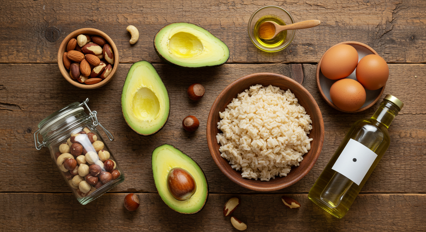Alimentos como macadâmia, amêndoas, abacate, ovos, azeite e arroz integral, ricos em vitamina E.