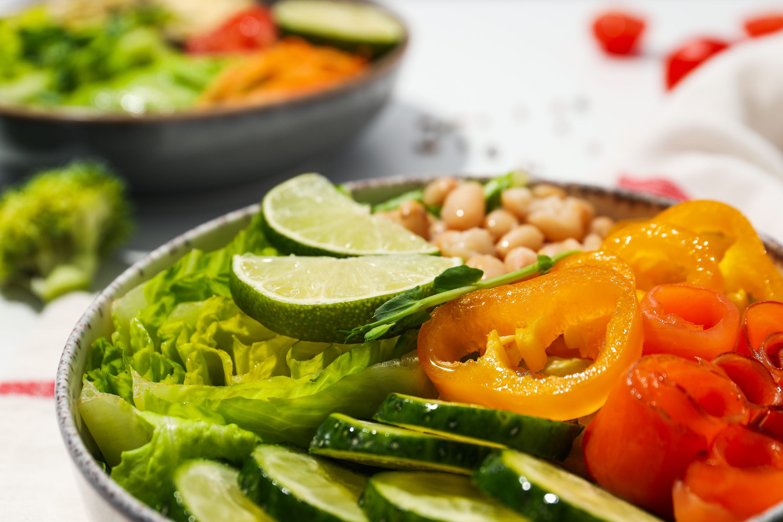 Prato vegetariano com feijão, alface, pepino, pimentão e outros vegetais, opções para substituir proteínas de origem animal.