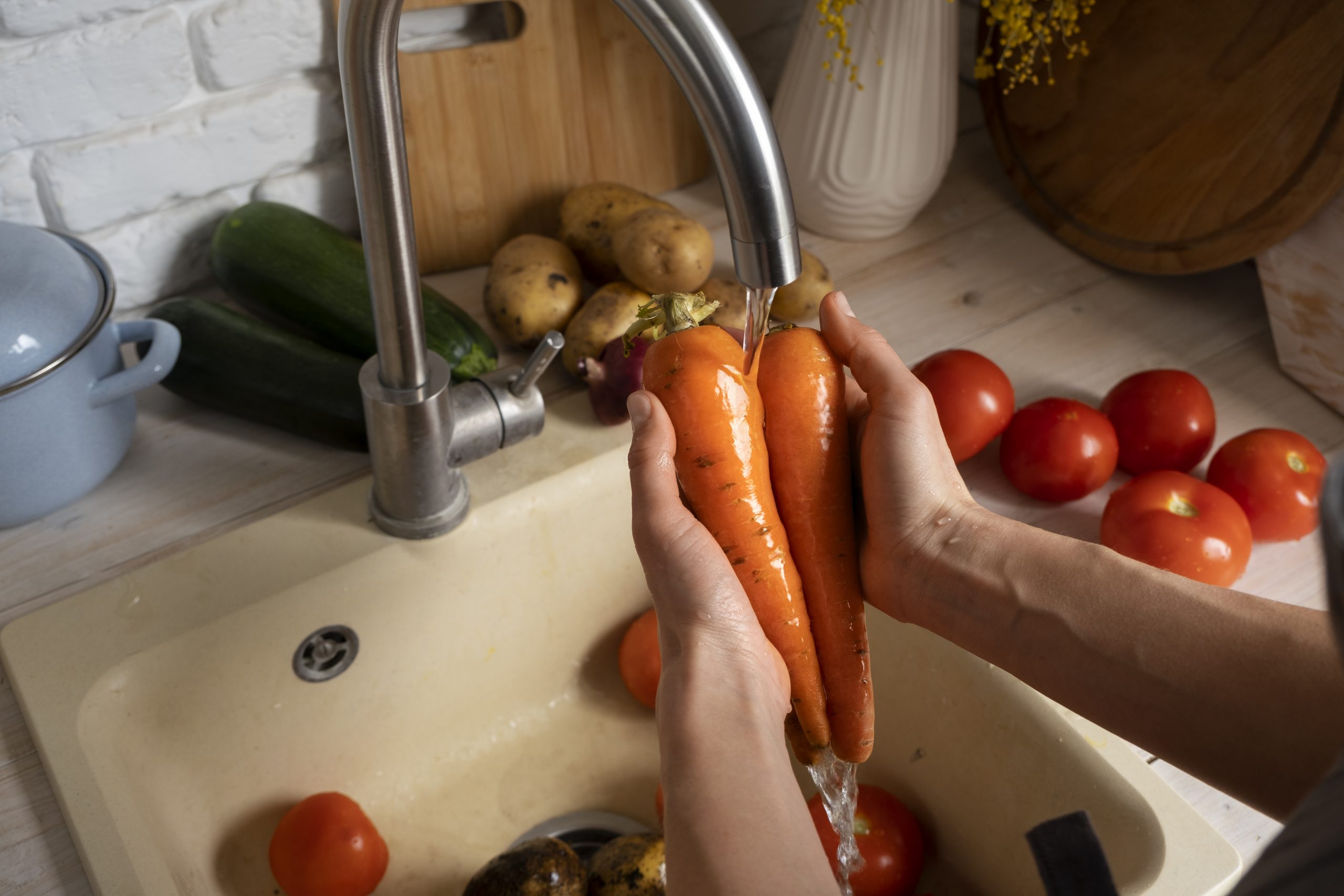 Pessoa lava cenouras em água corrente na pia da cozinha, com tomates, pepinos e batatas ao redor, durante a higienização de frutas e verduras antes do consumo.