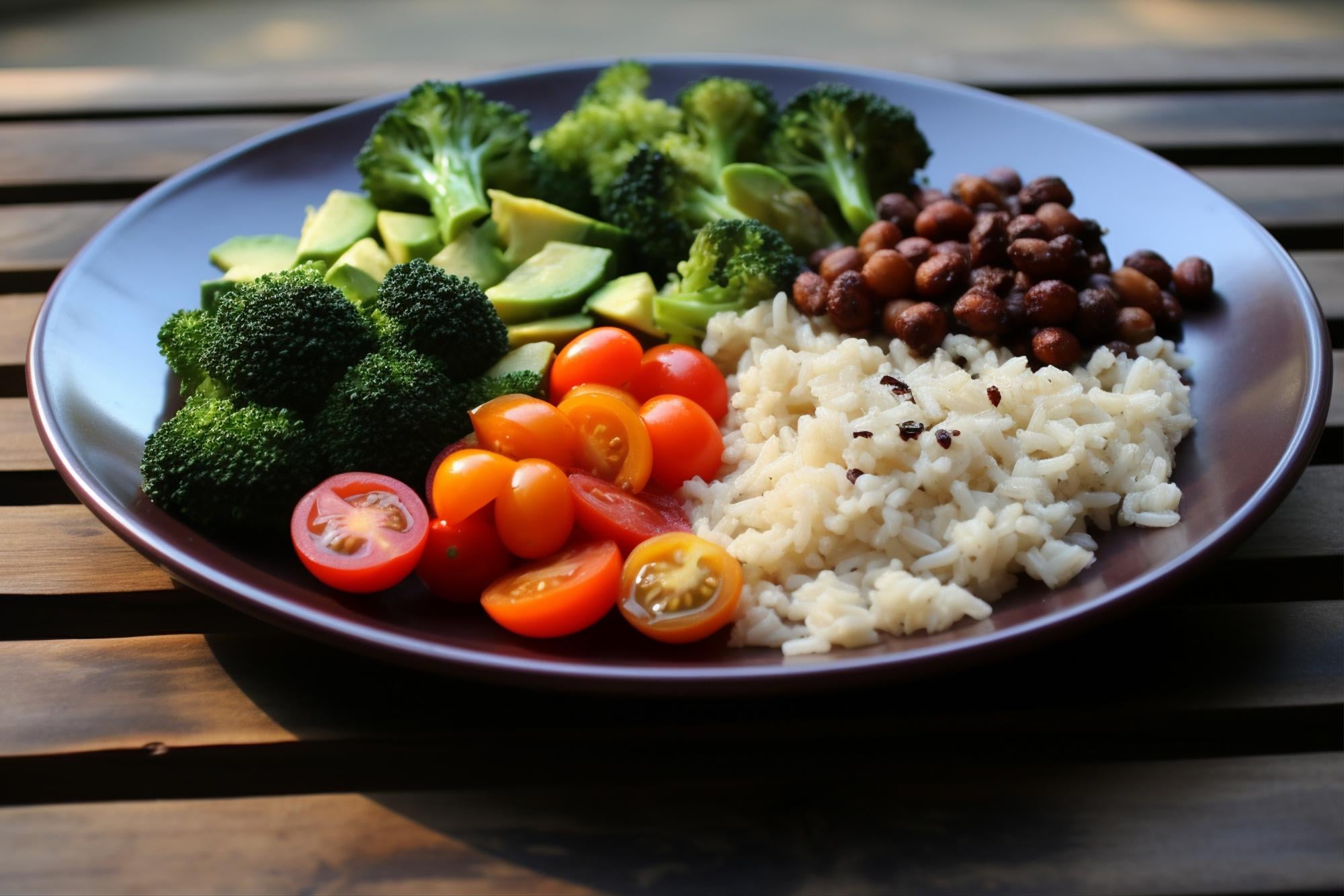 Prato dividido com salada, frango e arroz, ilustrando a sequência ideal dos alimentos durante a refeição.
