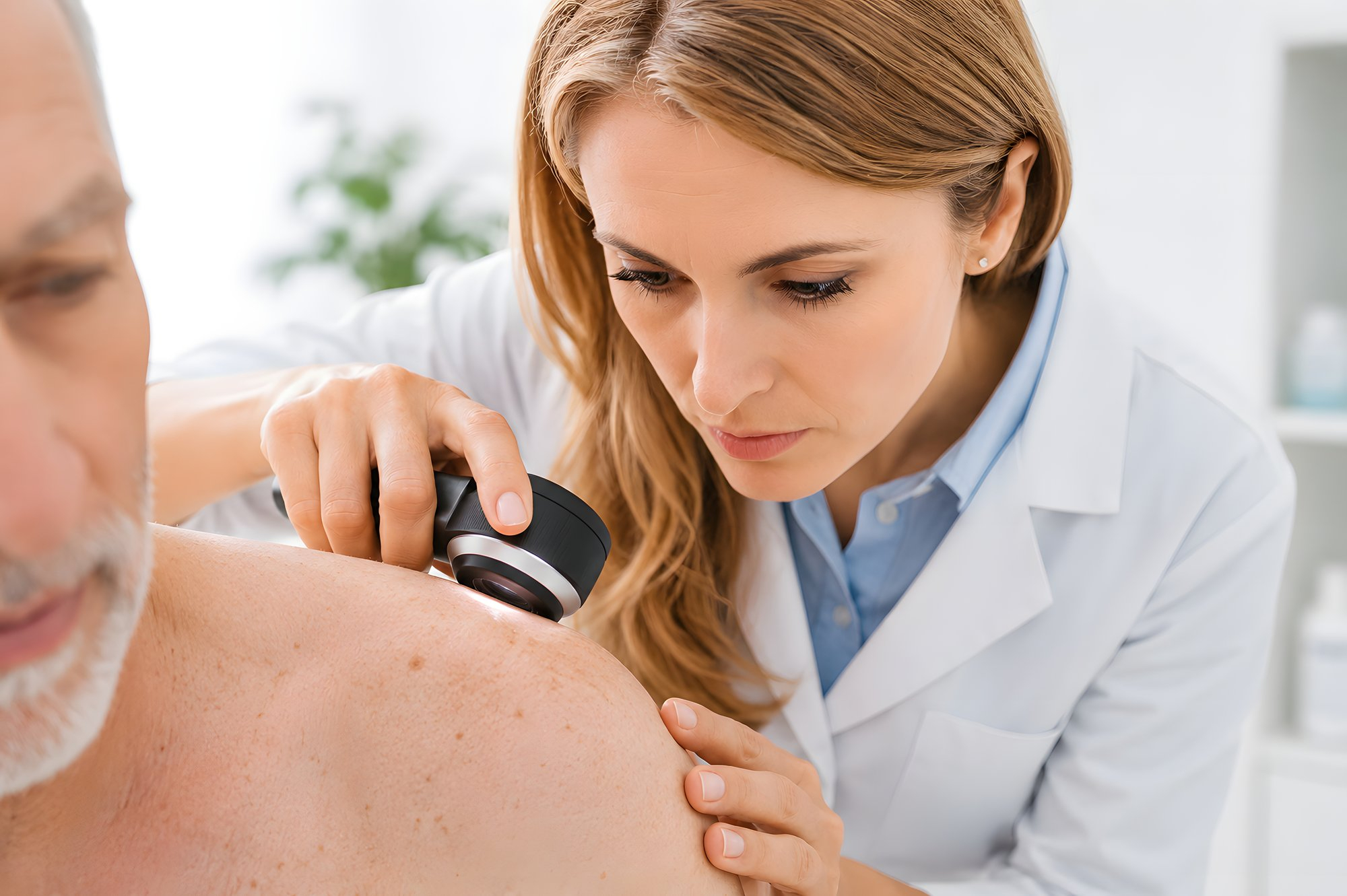 Médica analisa um abscesso doloroso e avermelhado na pele em paciente, representando uma infecção com acúmulo de pus.