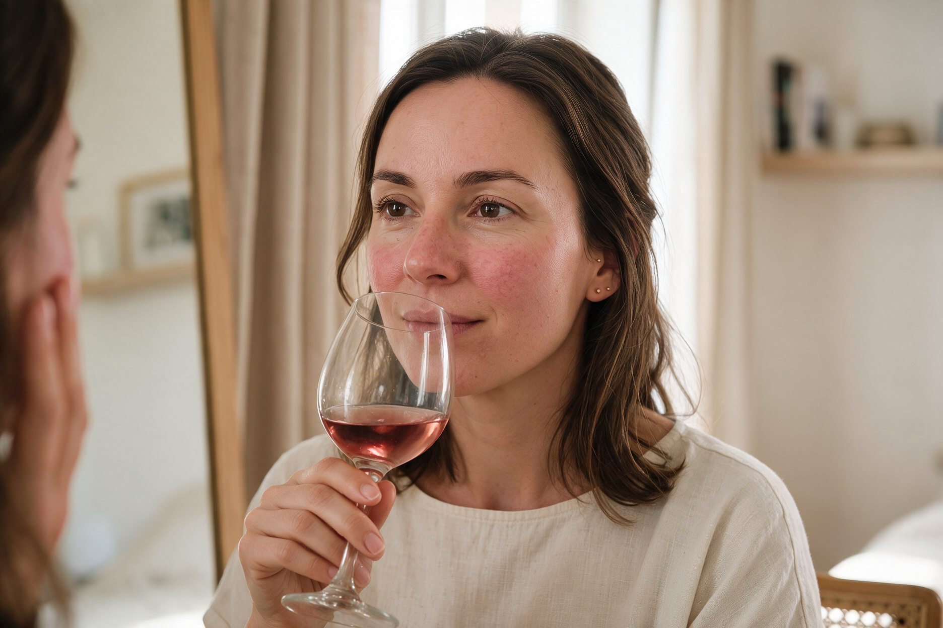 Mulher com rosto avermelhado após consumir uma pequena quantidade de bebida alcoólica (vinho rosé), representando a reação de flushing.